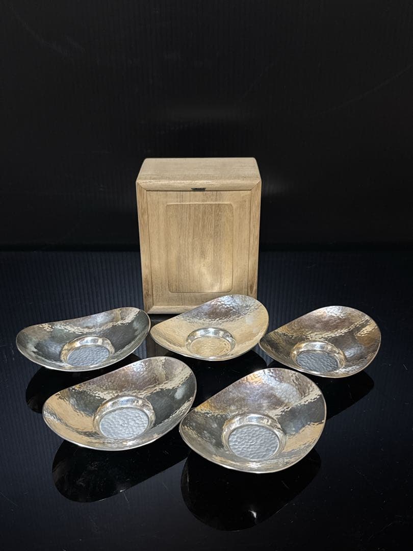 純銀 槌目 小判型 茶托 5枚 桐箱付 約290g 茶道具 煎茶