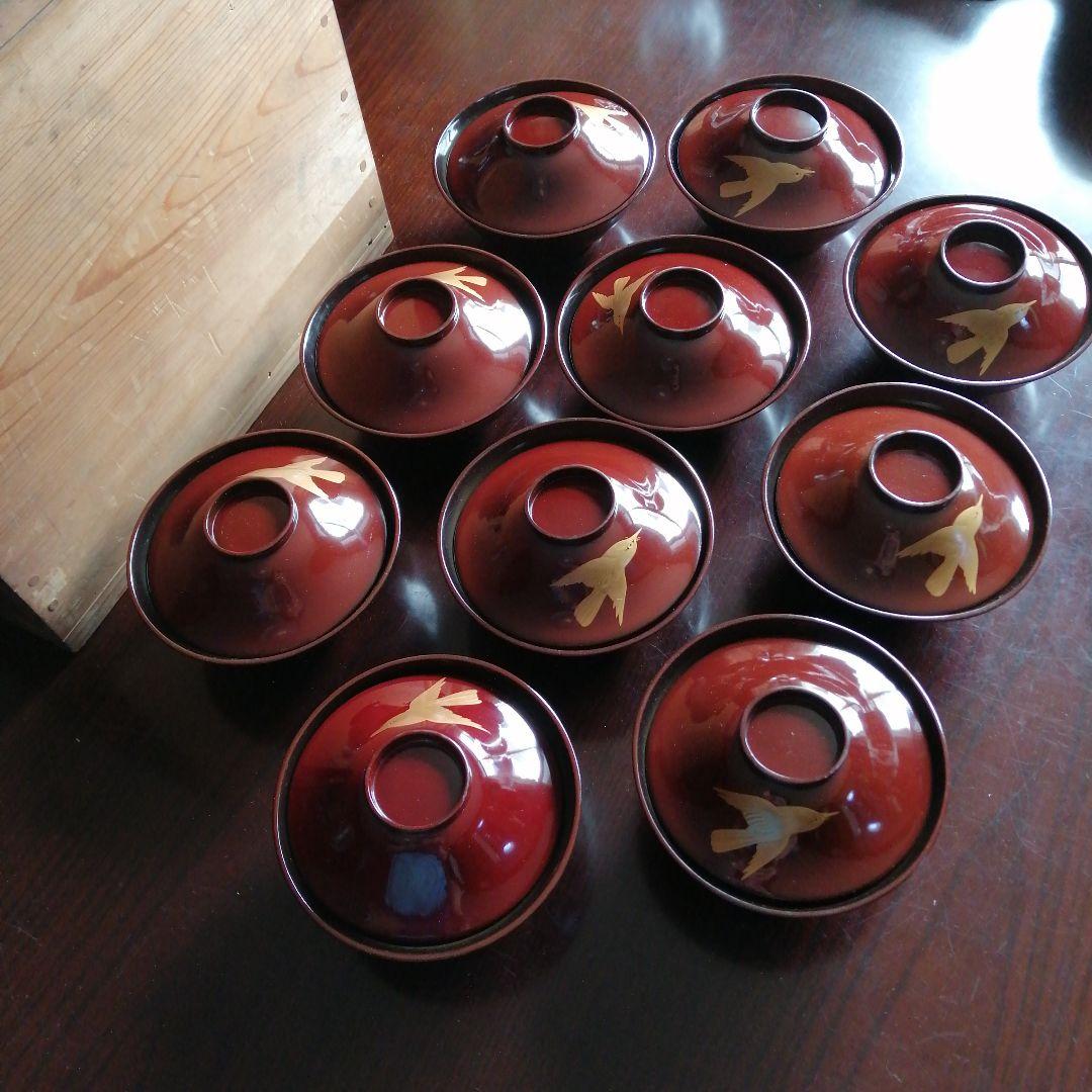 木製漆器　金彩飛鳥画蓋付椀　10客　13cm　大正～昭和初期　【椀中ヤケあり】