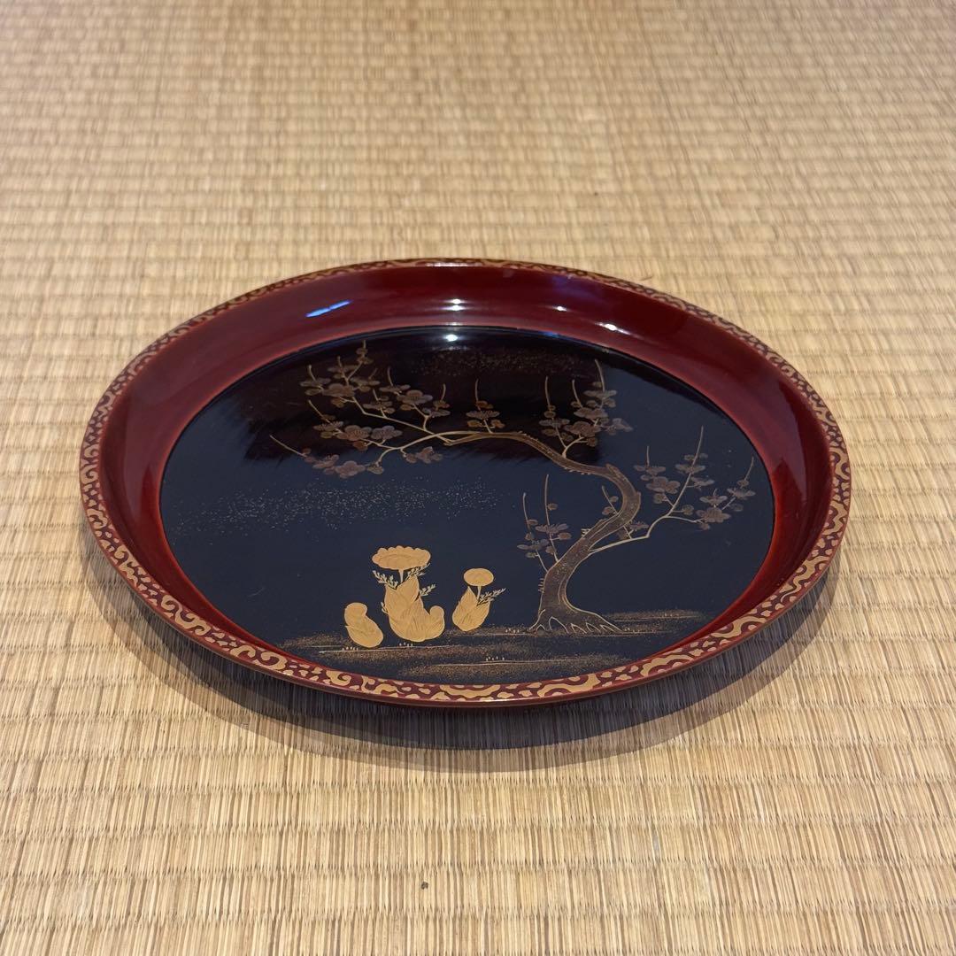 時代漆器 梨地 研ぎ出し梅蒔絵 丸盆 木製漆器 茶懐石道具 / 輪島塗