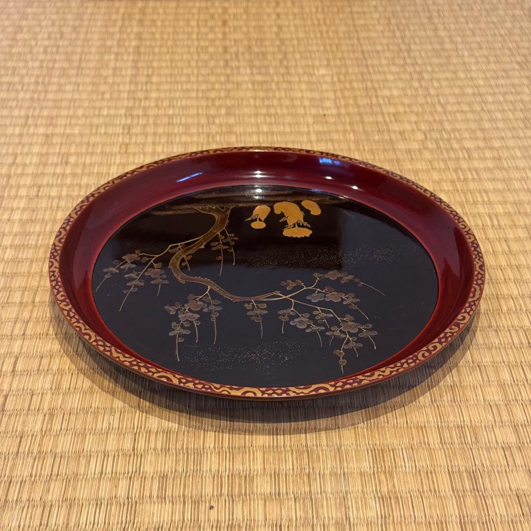 時代漆器 梨地 研ぎ出し梅蒔絵 丸盆 木製漆器 茶懐石道具 / 輪島塗
