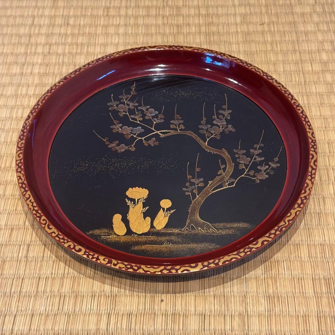 時代漆器 梨地 研ぎ出し梅蒔絵 丸盆 木製漆器 茶懐石道具 / 輪島塗