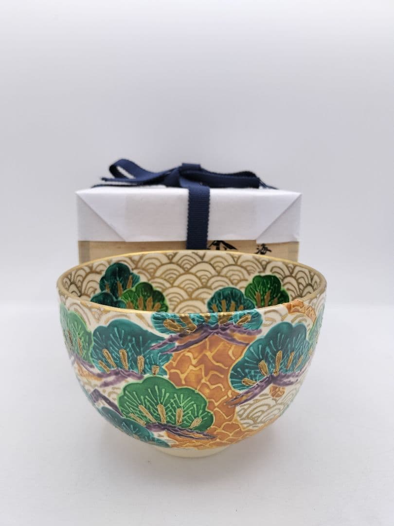 c365 【新品・未使用】茶碗 金青海波松 加藤ひろこ 木箱 茶道具