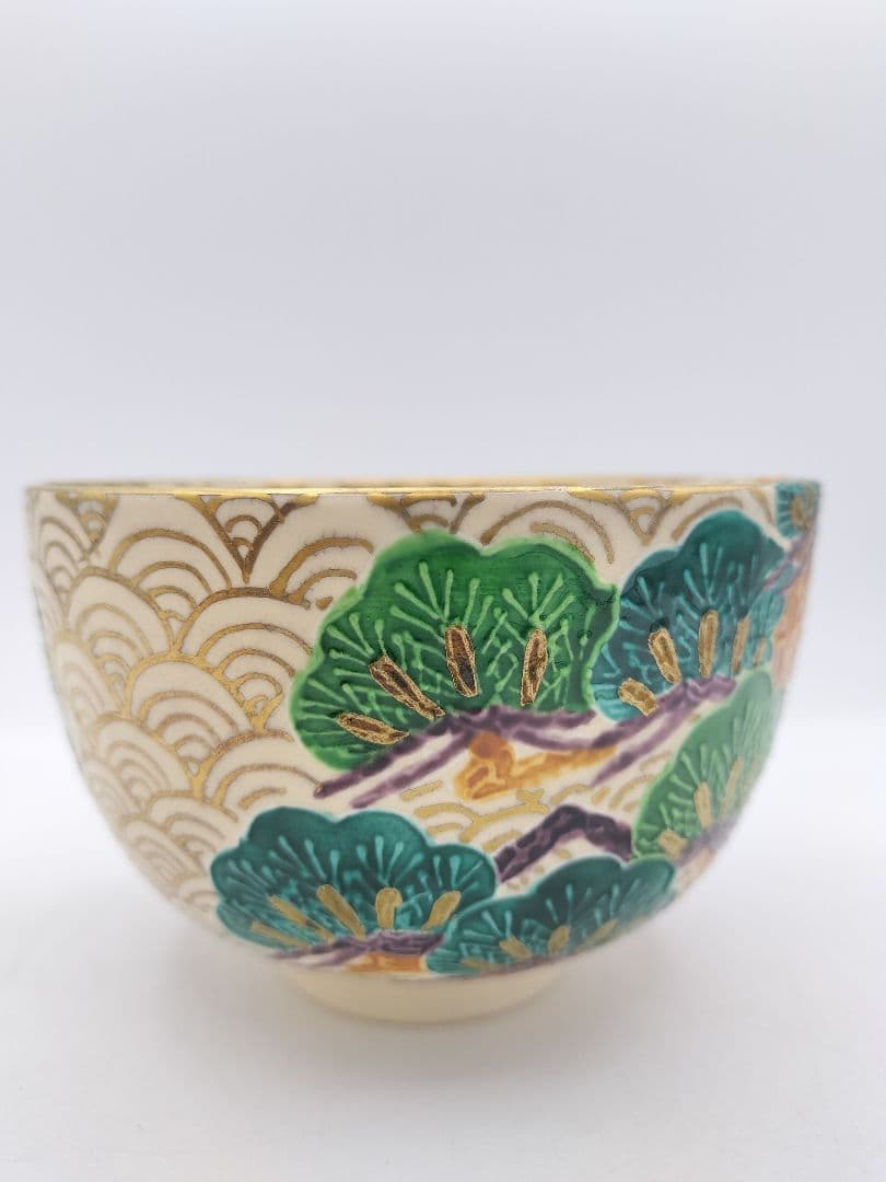 c365 【新品・未使用】茶碗 金青海波松 加藤ひろこ 木箱 茶道具