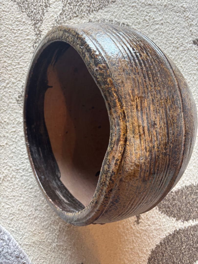 丹波焼　灰釉印花文甕　水差し花生け　骨董品アンティーク