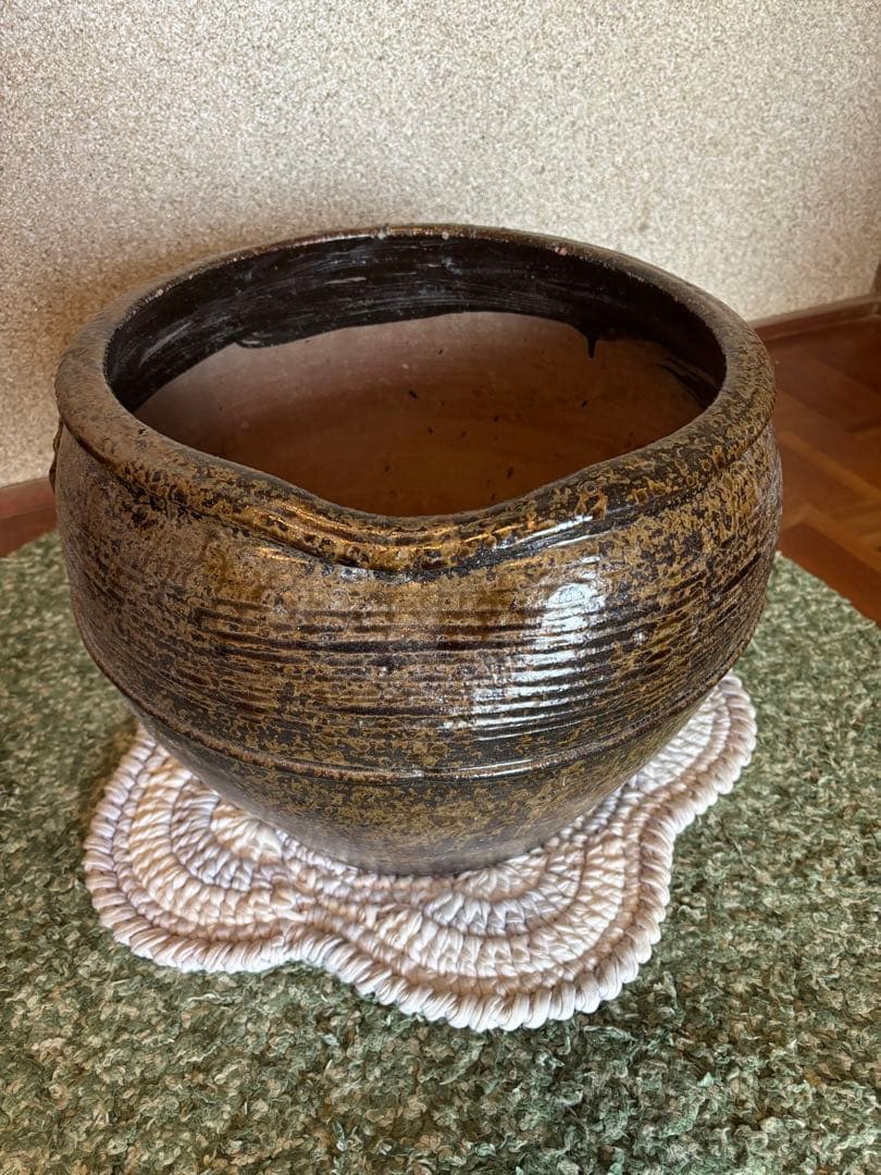 丹波焼　灰釉印花文甕　水差し花生け　骨董品アンティーク