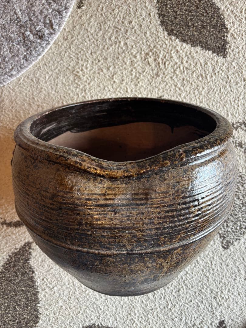 丹波焼　灰釉印花文甕　水差し花生け　骨董品アンティーク