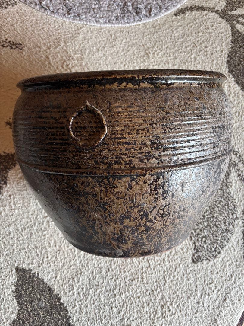 丹波焼　灰釉印花文甕　水差し花生け　骨董品アンティーク