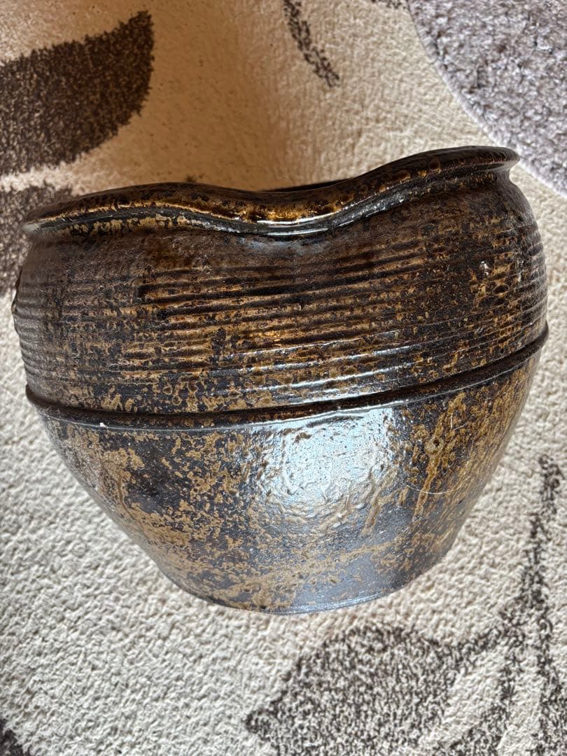 丹波焼　灰釉印花文甕　水差し花生け　骨董品アンティーク