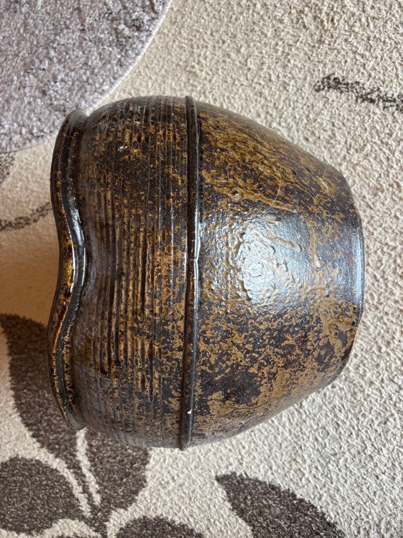 丹波焼　灰釉印花文甕　水差し花生け　骨董品アンティーク