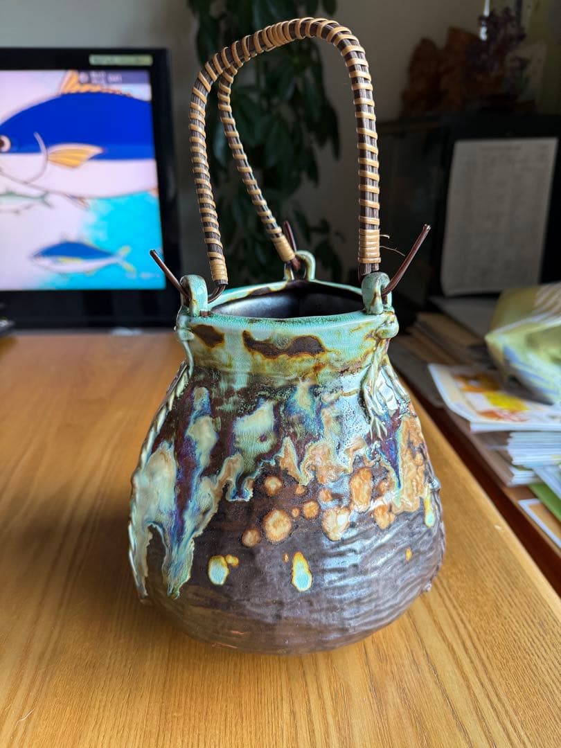 相馬焼？信楽焼？蟹　カニ装飾の陶器花瓶　置物　アンテリア