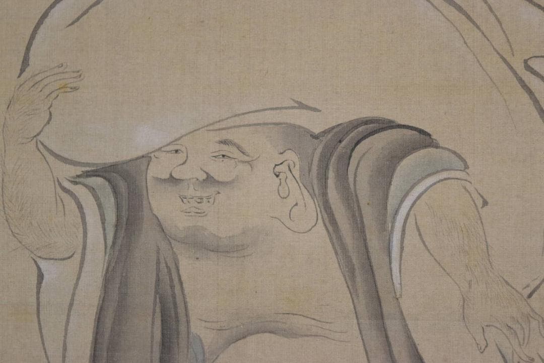 【真作】土佐光起/川渡布袋図/布袋図/七福神/掛軸/名家伝来/AA-990