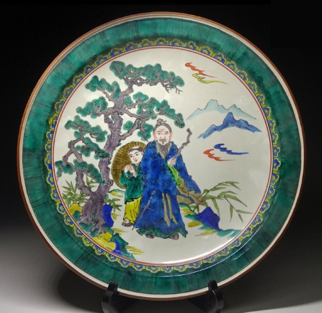 九谷焼 太田俊英 造 賢人紋 大皿 幅約32cm 青手九谷 f031314