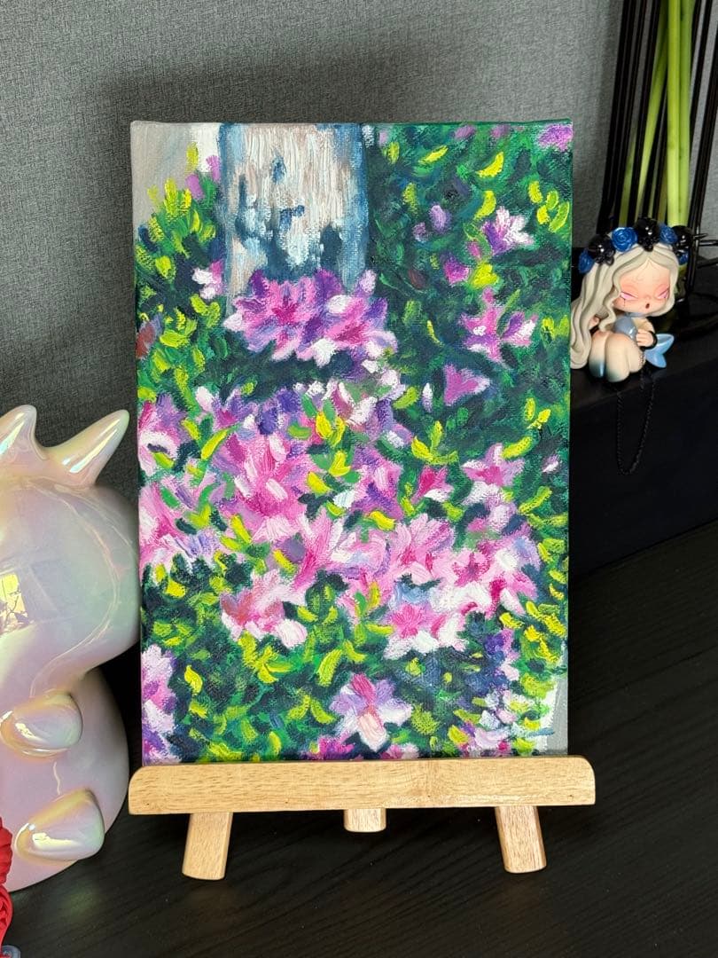 「陽光とツツジ」　手描き　油絵　風景画　原画　油彩画　印象派
