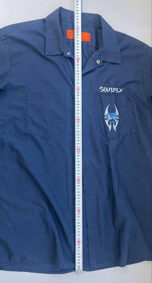 90s SOULFLY Dickies 半袖ワークシャツ XL ネイビー刺繍ロゴ