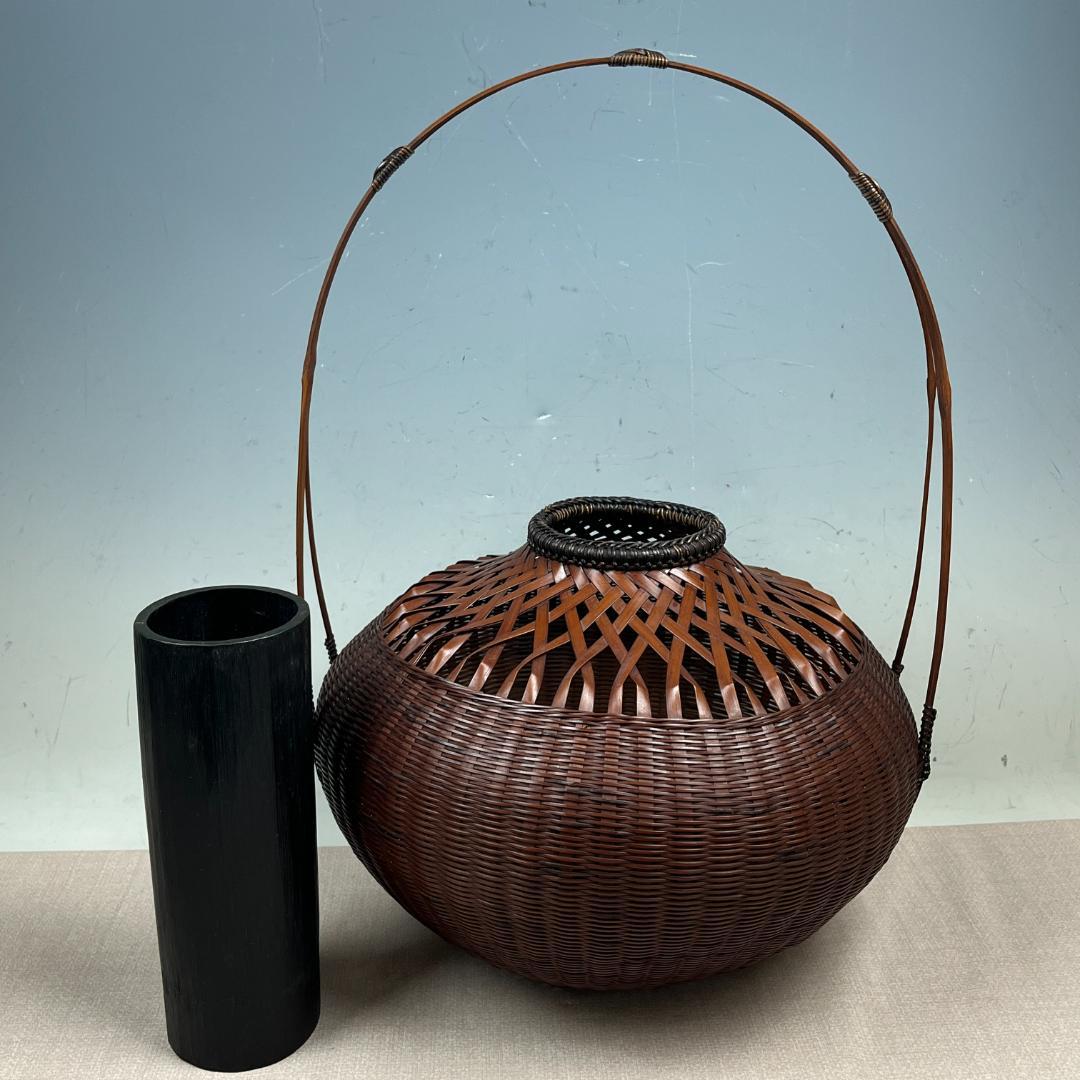 43『淡々斎好写 宝珠籠花入』 平安竹宝斎系統 共箱 落とし 竹籠 花生 茶道具