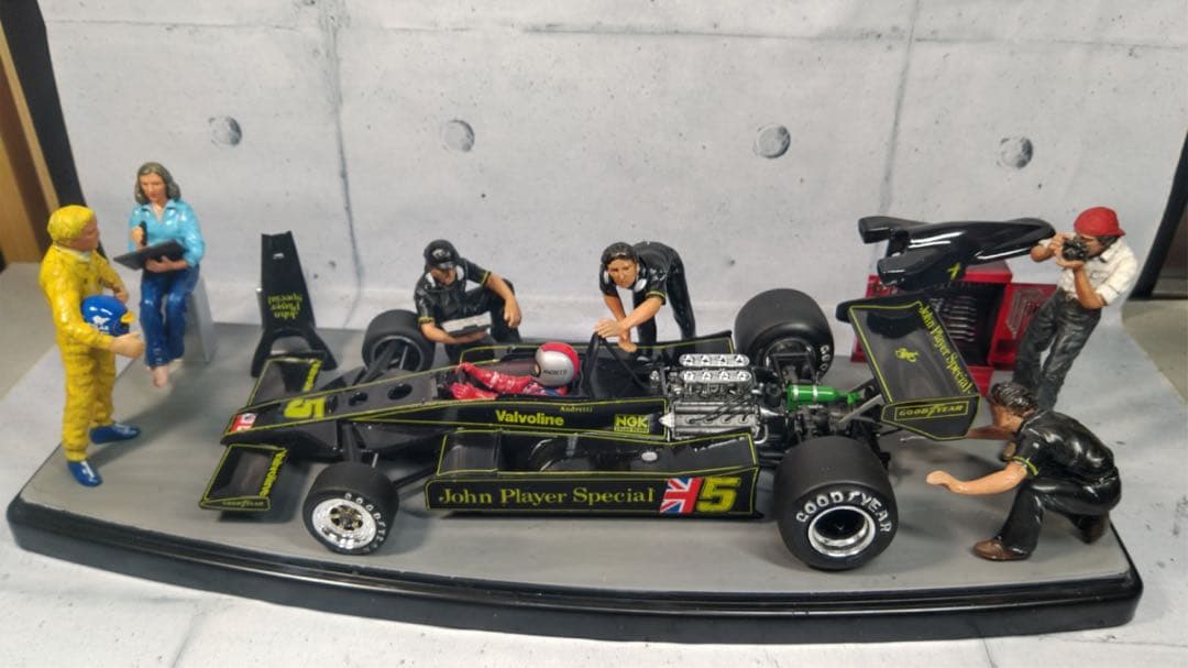 JPSロータス78完成品とタミヤ　モータースポーツチームセットの組合せ情景作品