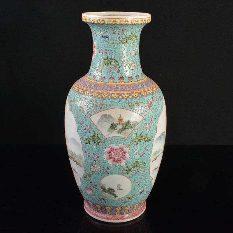 中国　中国景徳鎮製款　粉彩　花弁山水文盤口瓶　M　R6661B