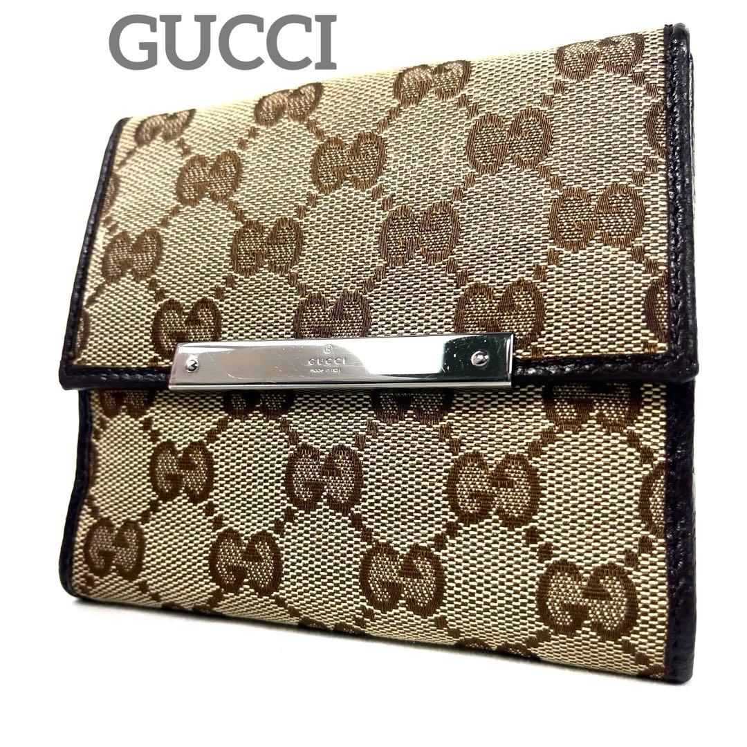 グッチ　折り財布　ロゴプレート　GGキャンバス　スクエア　コンパクト　レザー　美