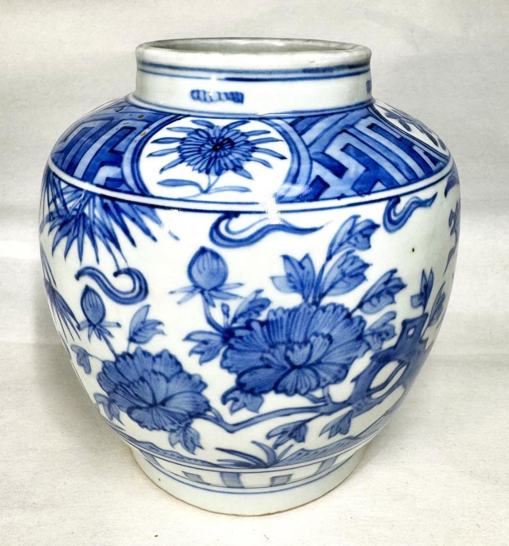 明時代 古染付 兎款 鳳凰花鳥竹紋壷 呉須青花 唐物中国古玩 WWTT320