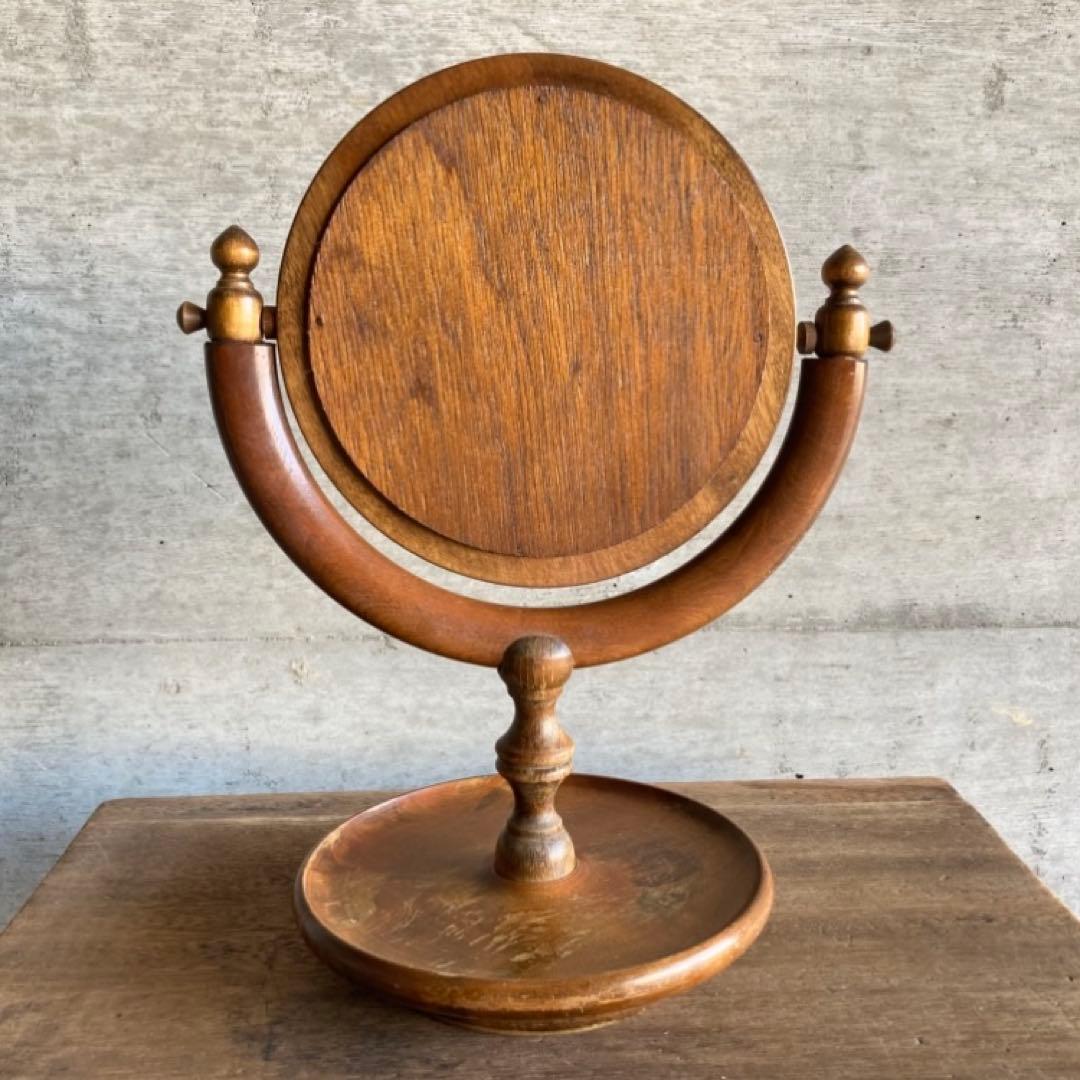 古い味のある卓上鏡 鏡台 ミラー 木製 回転式 丸型 民藝 レトロ ヴィンテージ