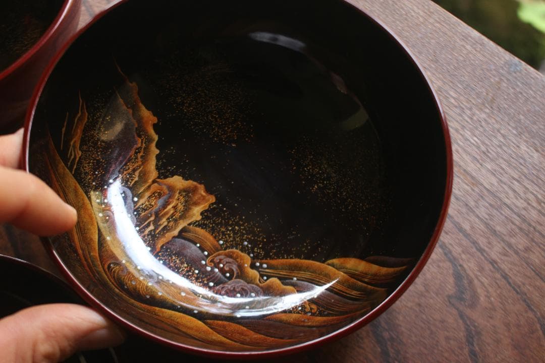 極小傷あり！時代紅溜塗に極上研ぎ出し波濤蒔絵の映えるお椀2点（検加賀蒔絵雑煮椀