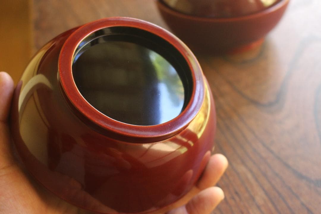 極小傷あり！時代紅溜塗に極上研ぎ出し波濤蒔絵の映えるお椀2点（検加賀蒔絵雑煮椀