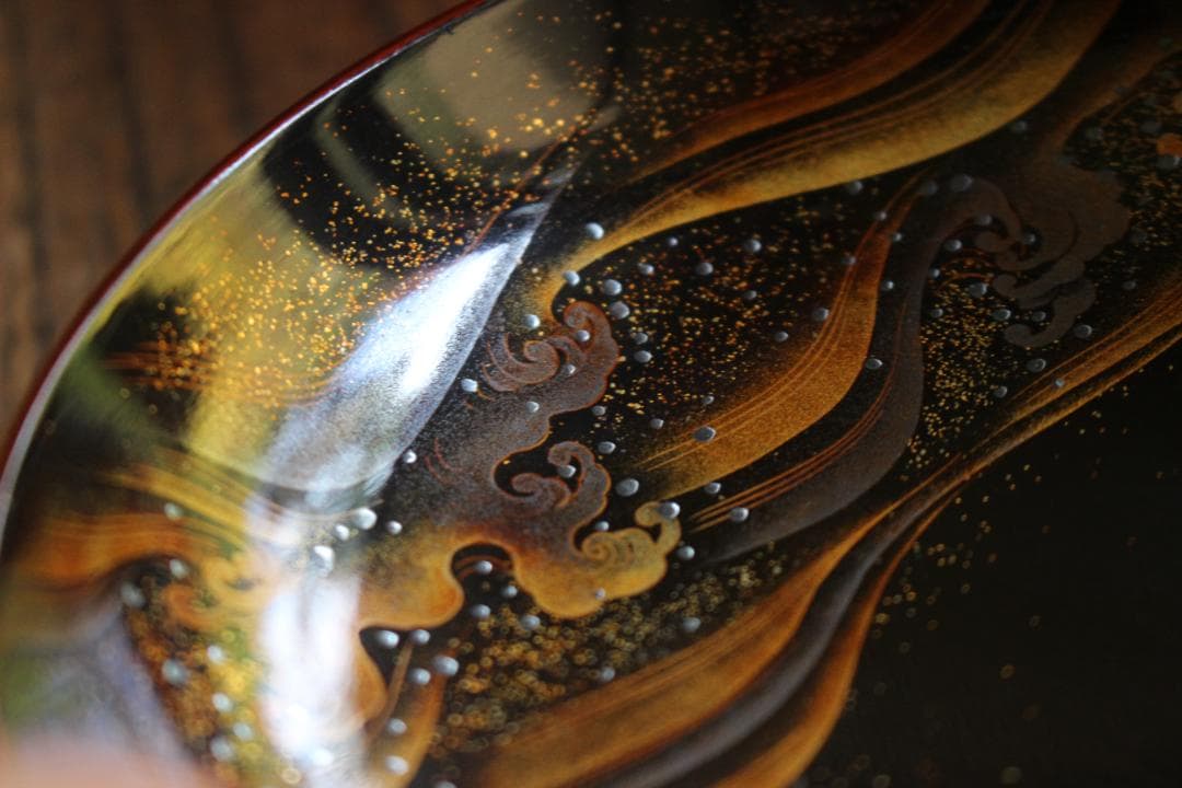 極小傷あり！時代紅溜塗に極上研ぎ出し波濤蒔絵の映えるお椀2点（検加賀蒔絵雑煮椀