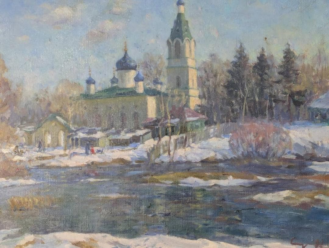 【真作】絵画　油彩10号　冬の教会　ロシアの雪景色　箱・黄袋入　Y54