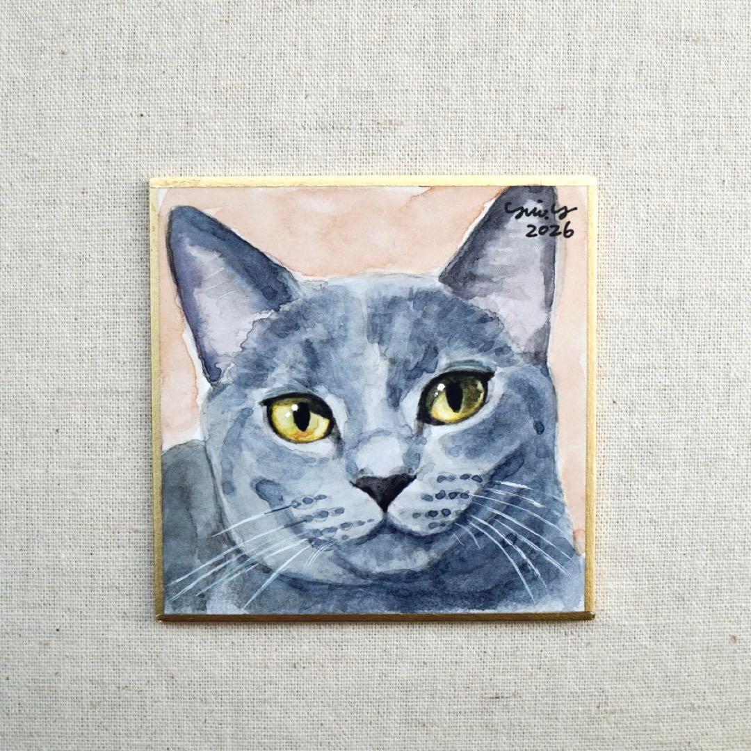 猫の絵 403 水彩画 原画 ミニ色紙 豆色紙 グレー猫