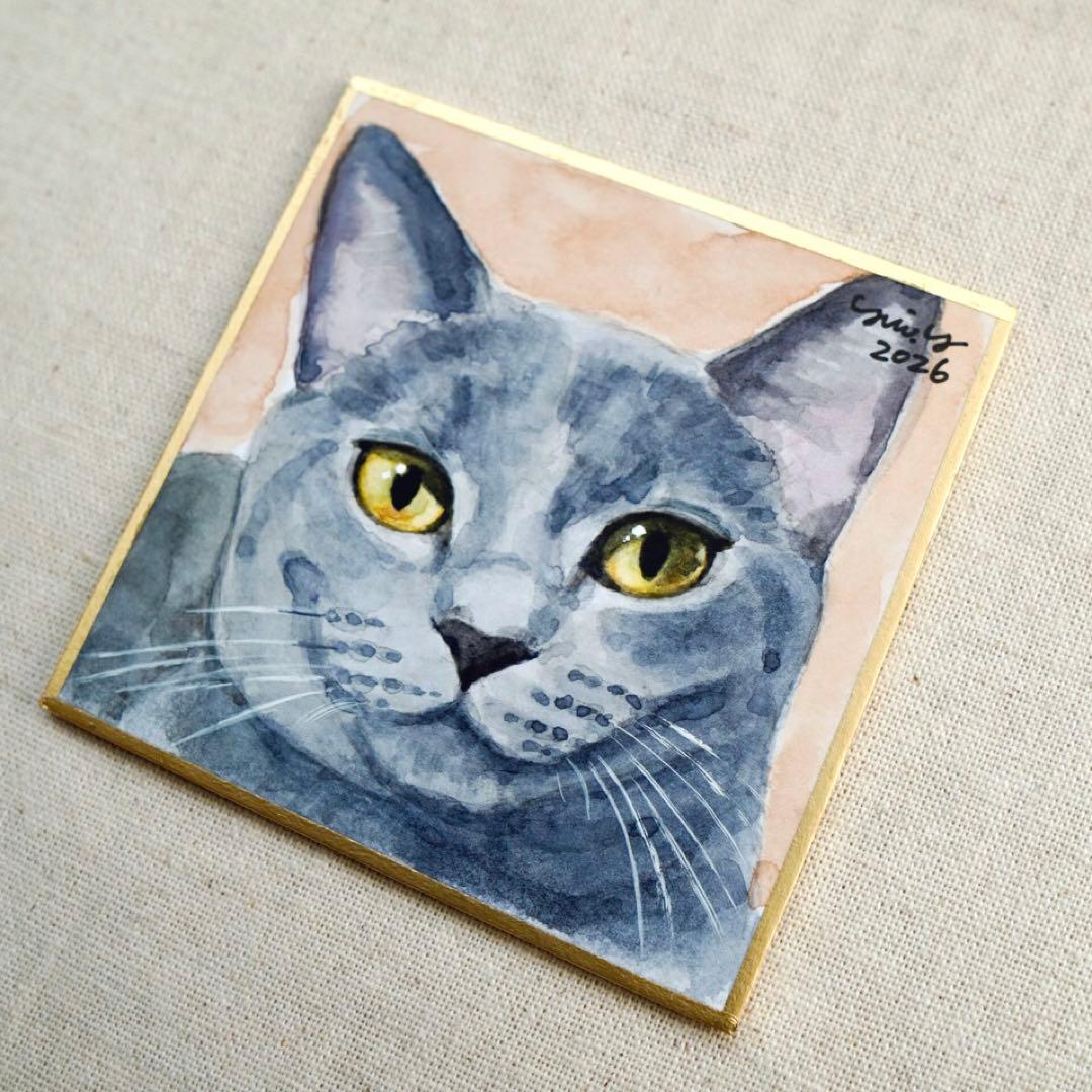 猫の絵 403 水彩画 原画 ミニ色紙 豆色紙 グレー猫