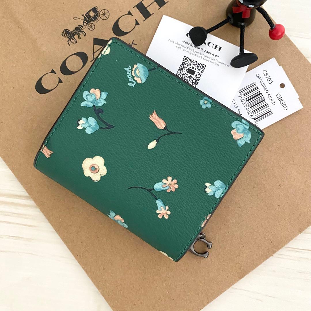 限定品 新品 COACH コーチ 折り財布 花柄 グリーン 二つ折り財布