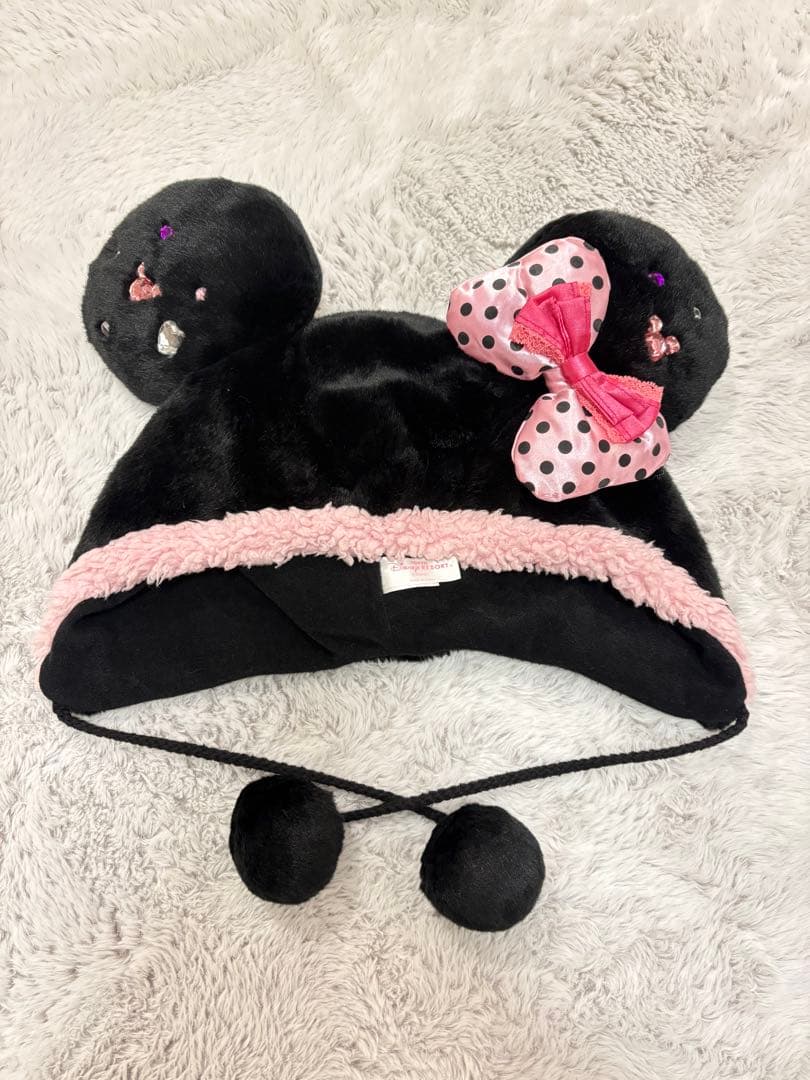 ミニーちゃん ファンキャップ 黒 ピンク リボン付き