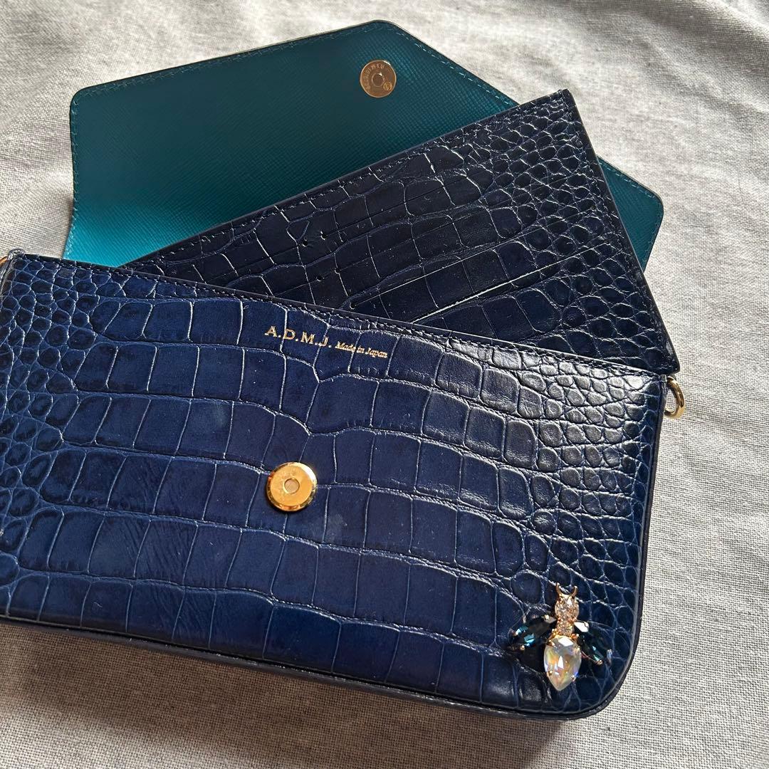ADMJ 美品 BEE ミツバチ クロコ ショルダーバッグ ネイビー 長財布