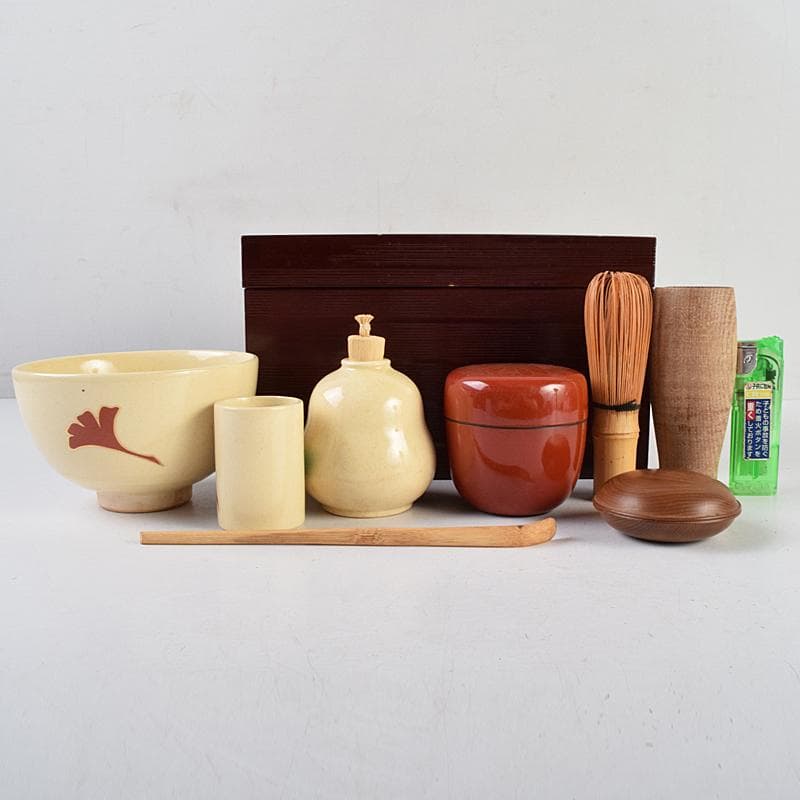 茶道具　利休茶箱　原平作　茶碗　朱塗　棗など　八点　一式　M　R9461