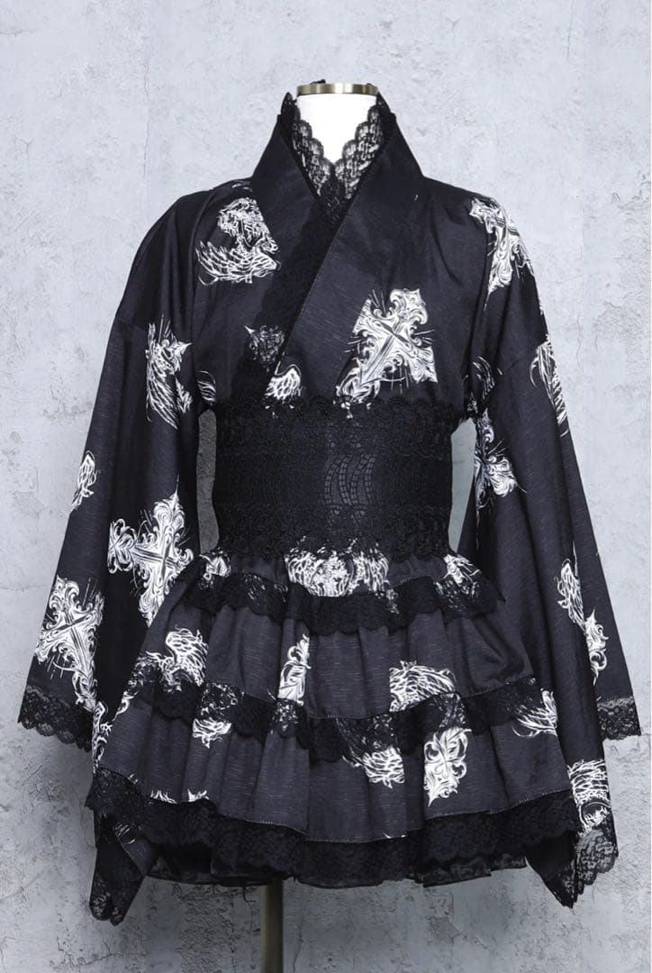 amilige クロスハート羽総柄浴衣ワンピース＋帯セット