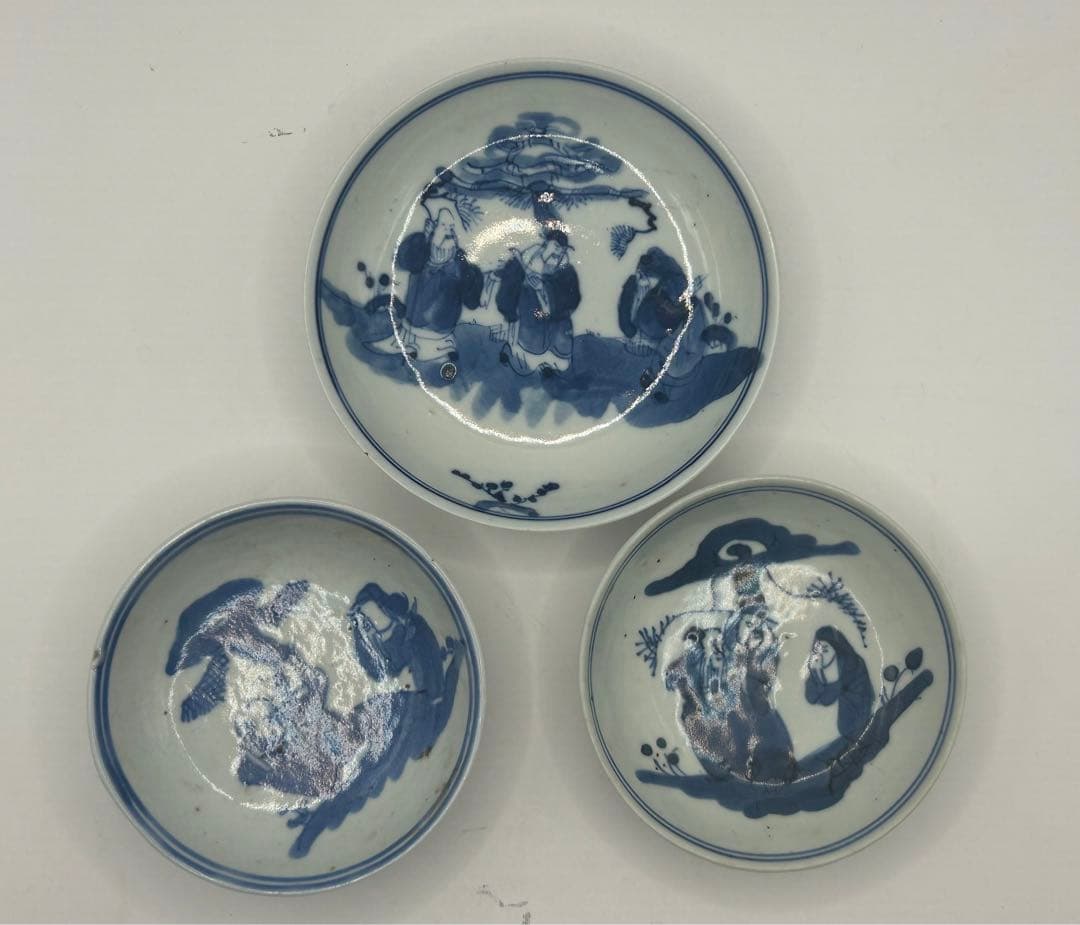 中国　清時代　染付　三星紋小皿3点　乾隆年製銘　送料込み1026
