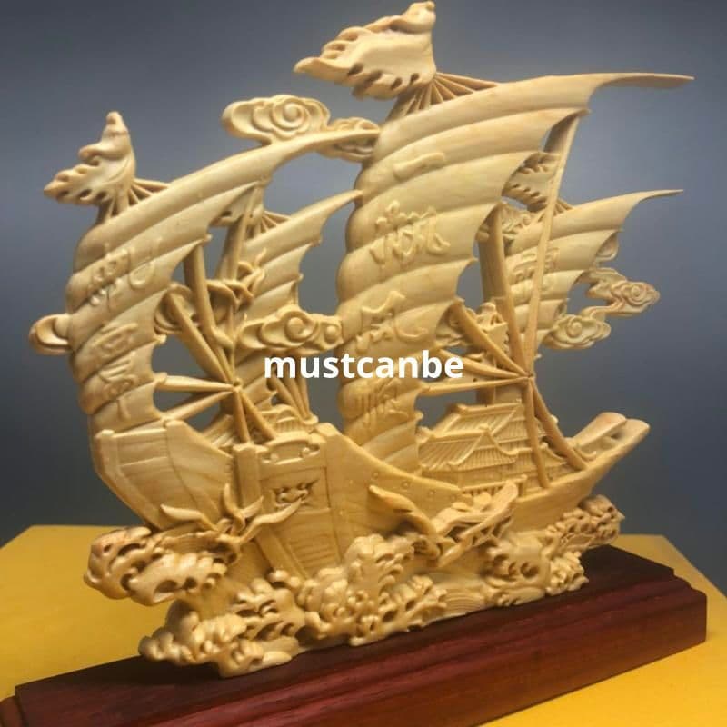 木彫刻は順風満帆波に乗ります 机 事務室 装飾品 工芸品 置物