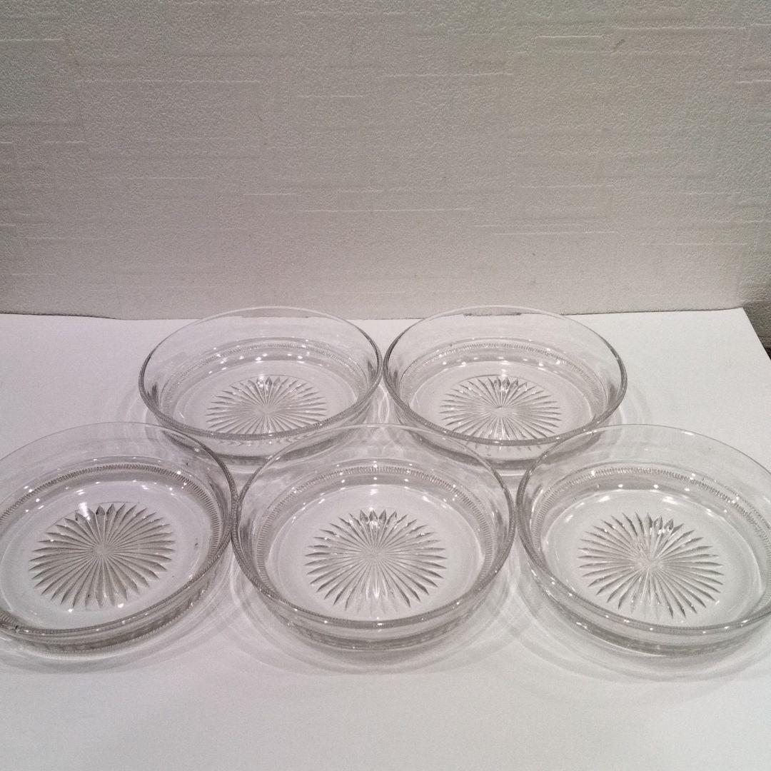 R392 江戸期 義山切子 円形小皿 5枚 ギヤマン ガラス　H