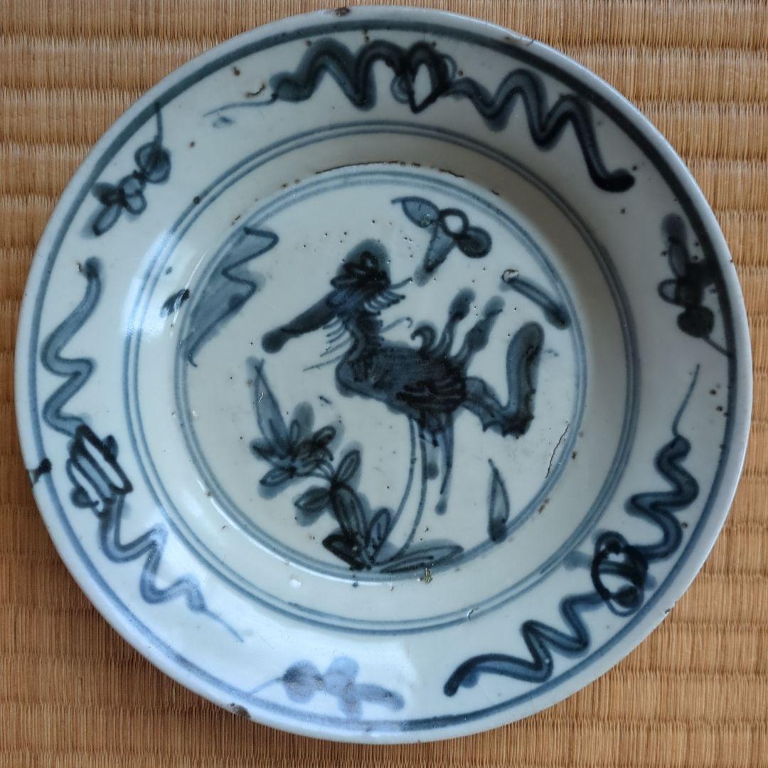青い絵付けの陶器製平皿　呉須手　皿　骨董品
