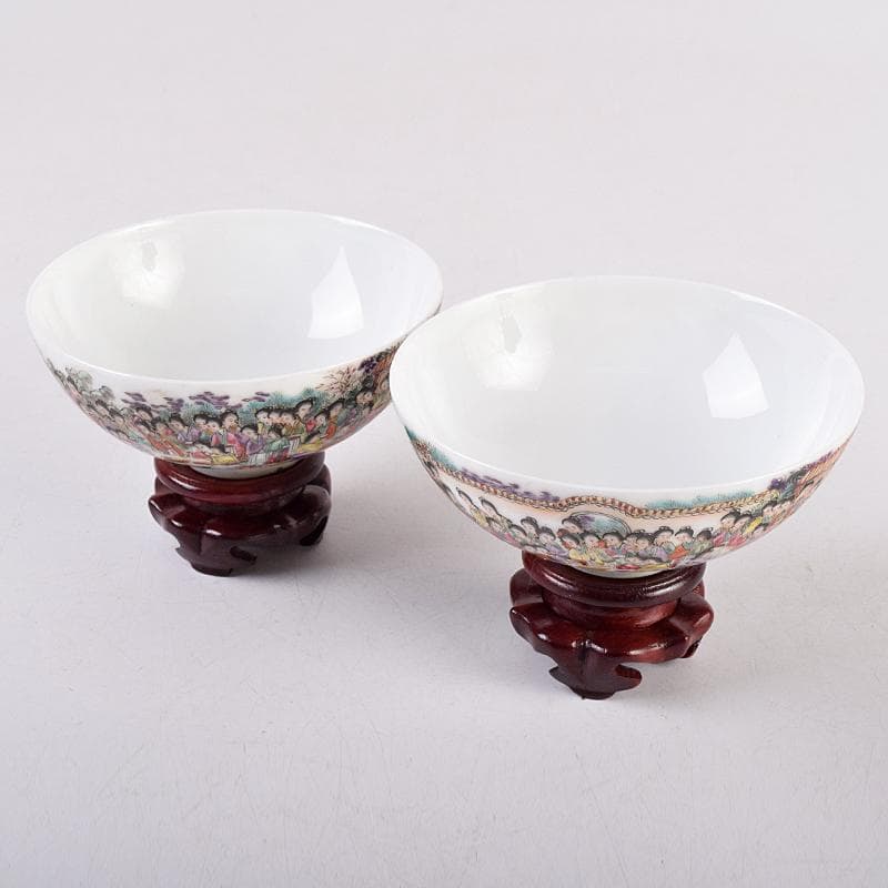 中国　大清光緒年製　粉彩　百美図　茶碗　一對　唐木台付　M　R8899