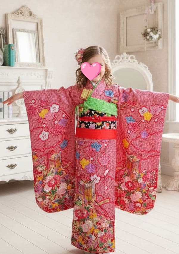 赤に鹿の子模様の着物に作り帯フルセット