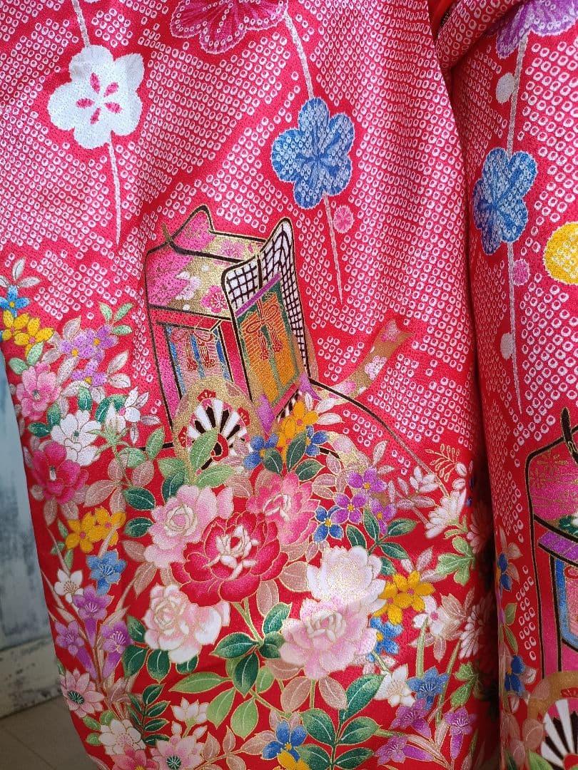 赤に鹿の子模様の着物に作り帯フルセット