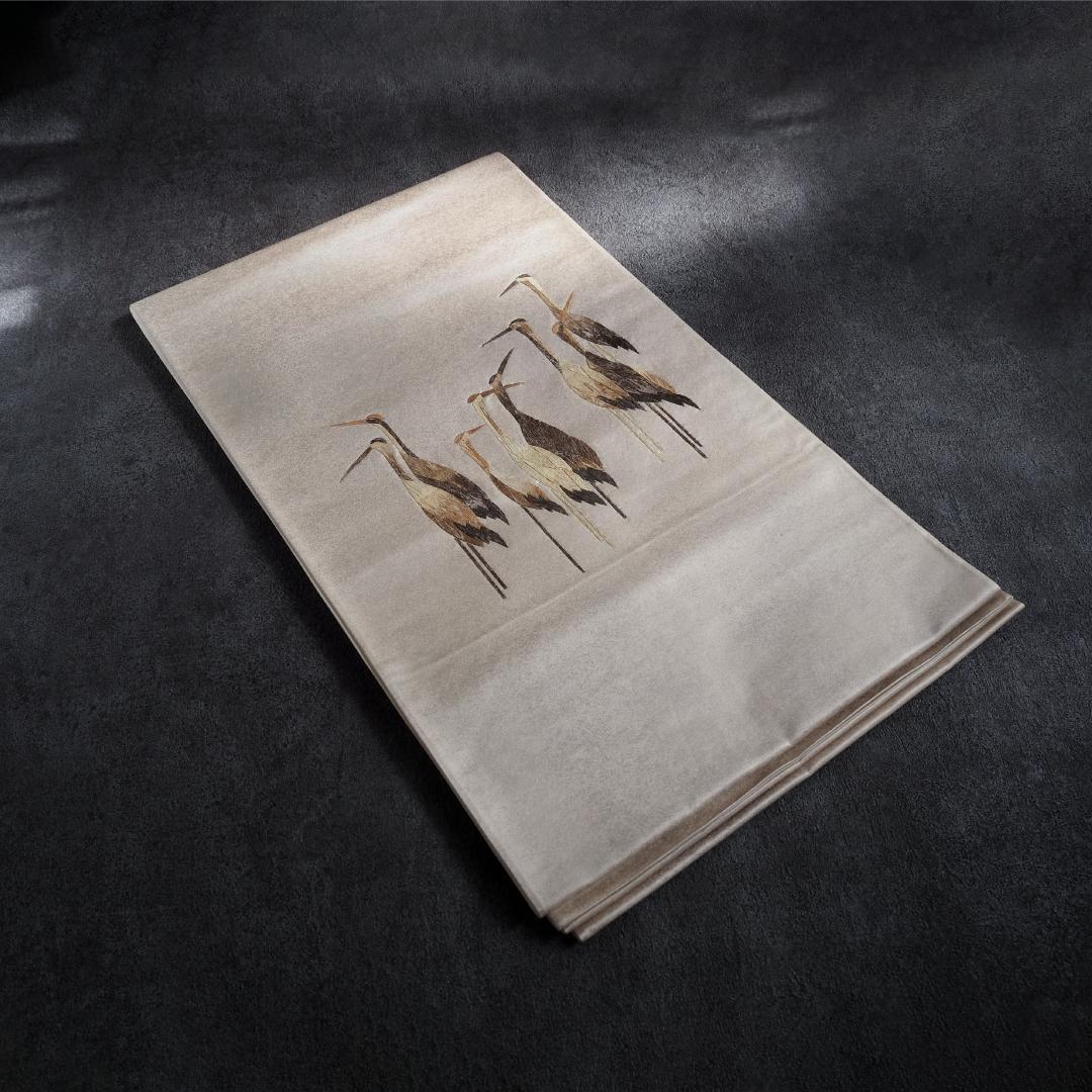 みの虫工芸作家　草苑白水　太鼓柄袋帯　群れ立ち鶴　正絹　逸品　ベージュ