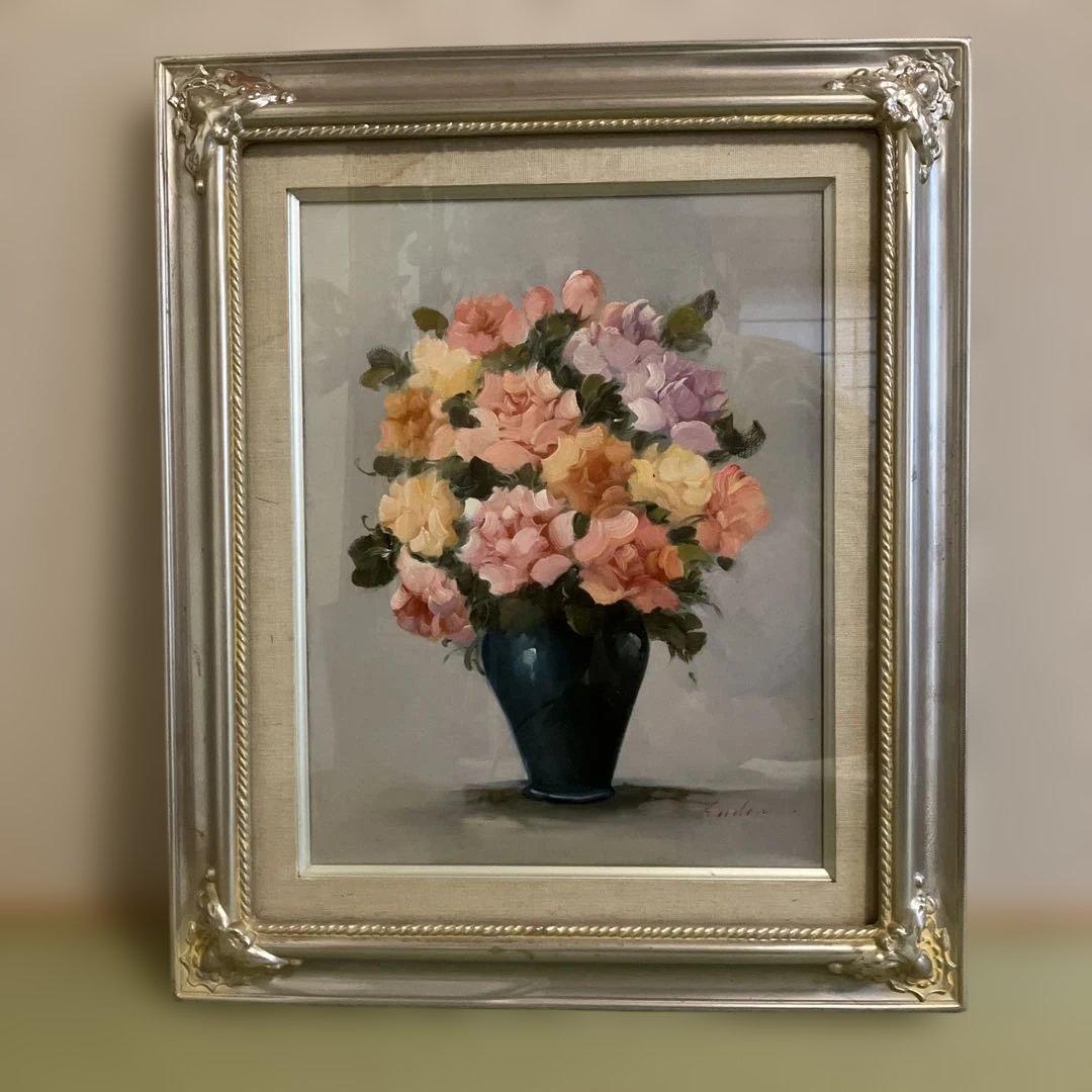 遠藤勝 バラ 油彩画 6号 額縁入り