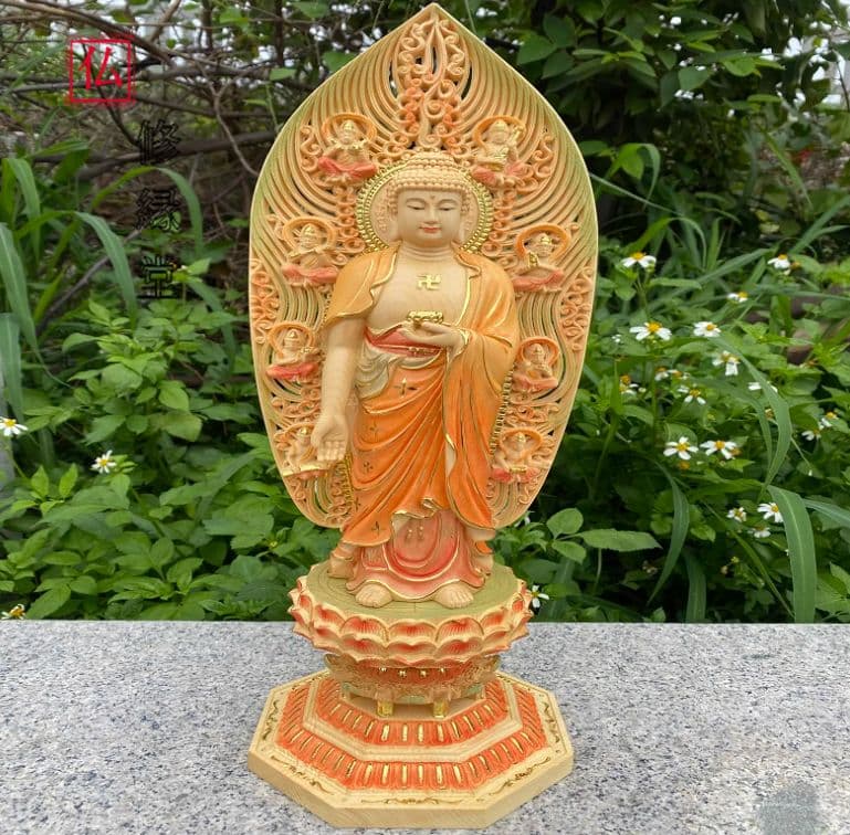 【修縁堂】仏教工芸品 彩繪 金箔 釈迦牟尼 仏教美術 置物 仏壇 仏像