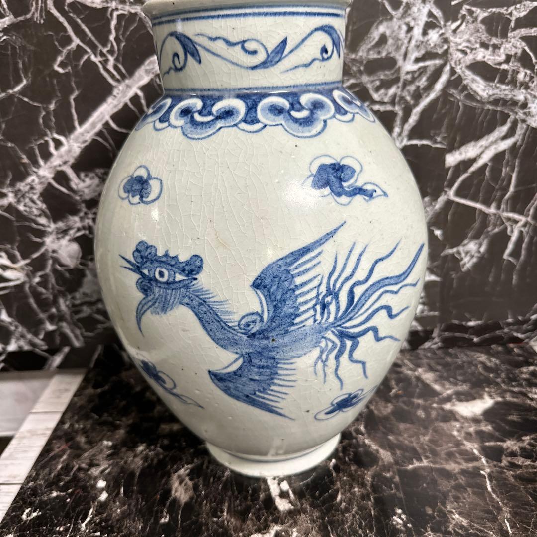 李朝染付、竹雲鳳凰提灯、大壺。　完品、無傷。