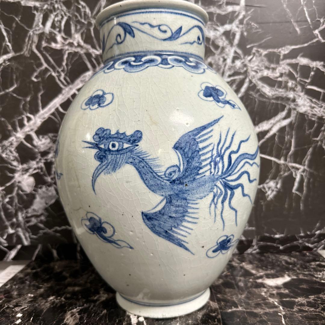 李朝染付、竹雲鳳凰提灯、大壺。　完品、無傷。