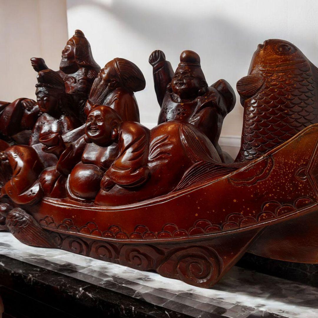 木製 龍と神々の彫刻 装飾品 七福神 木彫り 熊 アイヌ