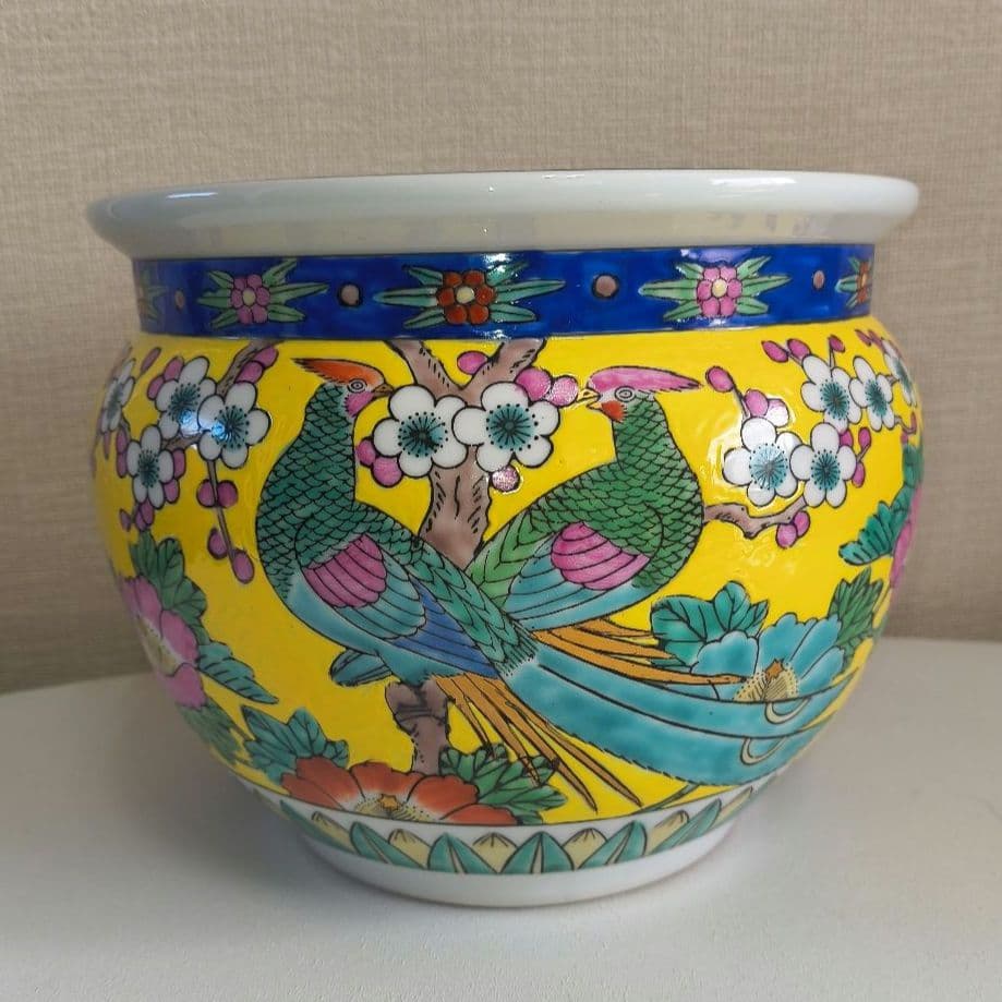 手描き鉢　鳥と花柄　黄色　置物　美術品　アンティーク　珍品　昭和レトロ　睡蓮鉢