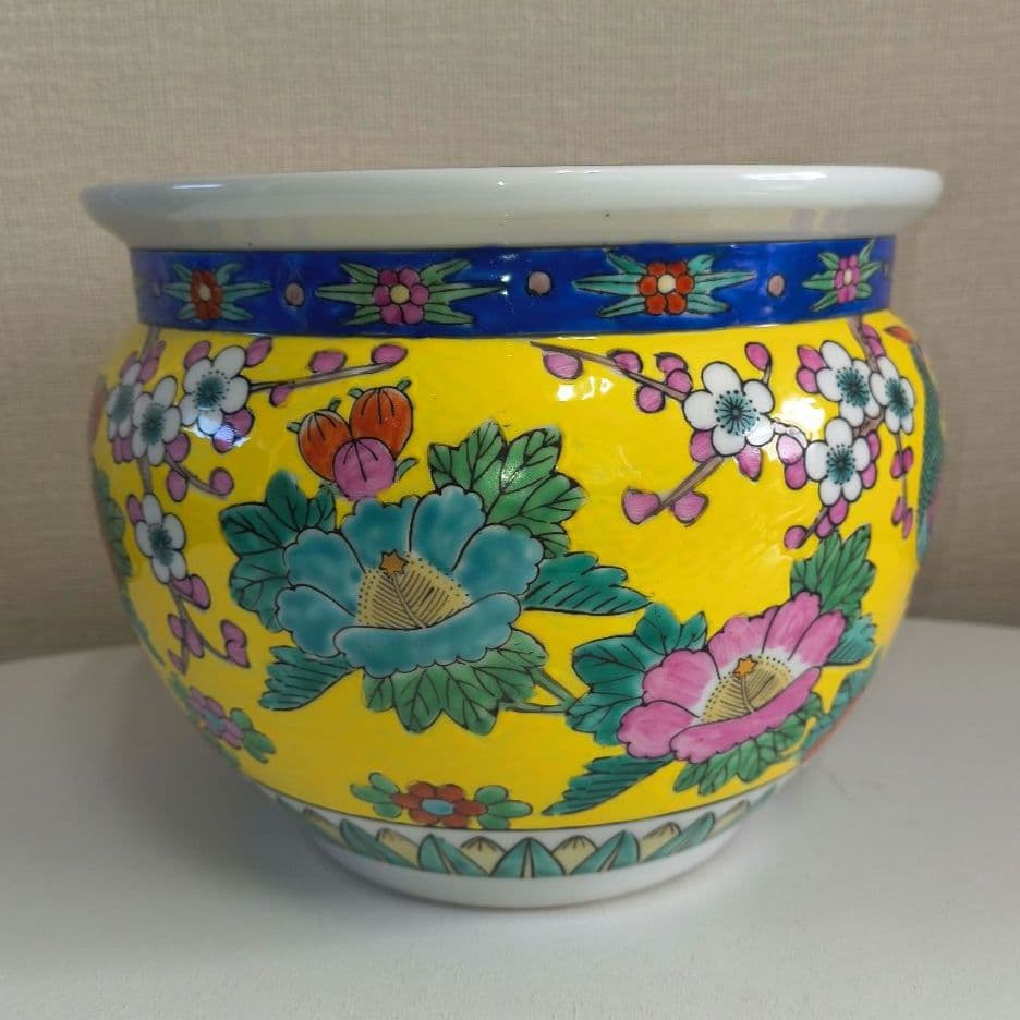 手描き鉢　鳥と花柄　黄色　置物　美術品　アンティーク　珍品　昭和レトロ　睡蓮鉢
